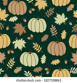 Simple autumn pattern  Golden tree leaves acorns   pumpkins  Dark green background  Vector texture  Elegant print for banner 