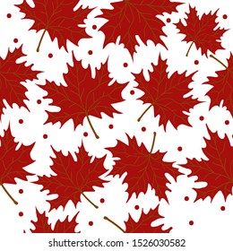 Simple autumn pattern. White background, red maple leaves, dots. The print is well suited for textiles, Wallpaper, banner and packaging.
