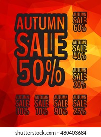Simple autumn sale signs on polygon background. Vector illustration for your graphic design. 