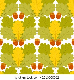 Simple autumn seamless pattern of oak leaves and acorns on a white background for fabric and textiles, paper and notebooks.