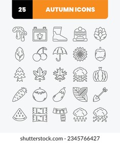 Simple Autumn Season Icon Set with Outline Style. Mushroom,Corn,Umbrella,Maple Leaf,Pumpkin.