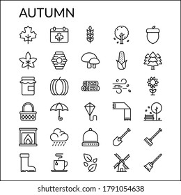 Simple Autumn Season Icons Line Style Contain Such Icon as Fall, Broom, Wheat, Wind, Rain, Umbrella, Honeycomb, Honey Jar, Tree, Maple, Wood Log, Pumpkin, Scarf, Acorn, Mushroom, Leaf and more. 