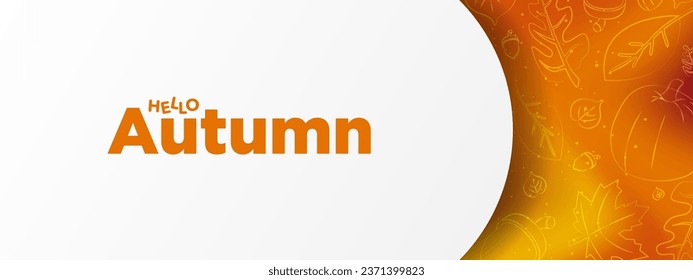 Simple Autumn Themed Banner.  Orange and red gradient design with subtle autumn doodles and big white copy space. Vector Illustration. 