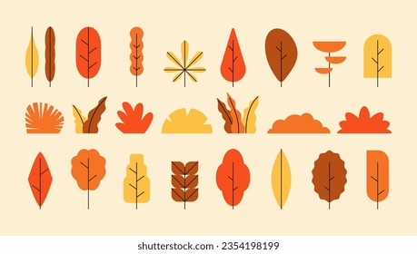 Sencillos arbustos de otoño. Bosques de caricatura, vegetación de arbustos, elementos de naturaleza botánica de arbusto mínimo. Conjunto plano de vector