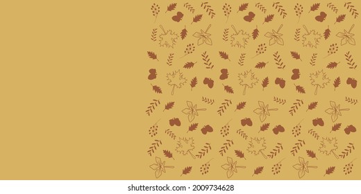  Simple autumn wallpaper illustration. Autumn leaves and acorns and fruits decoration on yellow tone background. Autumn season patter vector illustration.