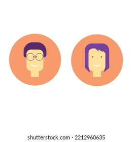 Simple avatar faces, geometric shapes, faces for web, man and woman avatars, icons. Flat design