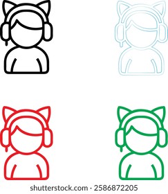 Simple avatar icons, minimalist line drawings, cat ear headphones, colorful outlines, black red blue green variations, stylized user profiles, kawaii aesthetic, vector graphics, social media avatars, 