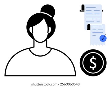 A simple avatar of a woman in black lines. Beside her are two rolled-up invoices, and a dollar symbol enclosed in a circle, signifying financial themes. Ideal for finance, accounting, payments