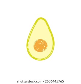 Simple avocado half isolated on white background. Cute hand drawn flat cartoon vector clipart. Healthy nutrition, vegan and vegetarian food concept. Avocado icon