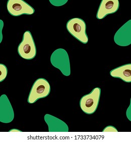 Simple avocado pattern. Black background, ripe avocados. The print is well suited for textiles, Wallpaper and packaging.