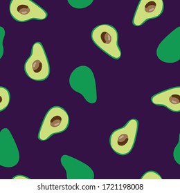 Sencillo patrón de aguacate. Fondo morado oscuro, aguacates maduros. La impresión está bien adaptada para textiles, papel pintado y embalaje.