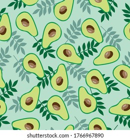 Simple avocado pattern. Light green background, ripe avocado, leaves. The print is well suited for textiles, Wallpaper and packaging.
