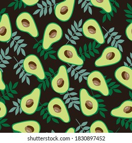 Simple avocado pattern. Ripe avocado and leaves. Dark background. Vector texture. Bright fashionable print for Wallpaper.