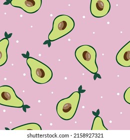 Einfaches Avocado-Muster. reife Avocado- und weiße Punkte. rosafarbener Hintergrund. Modedruck für Textilien, Tapeten und Verpackungen.