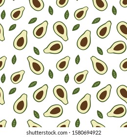 Simple avocado seamless pattern with leaves. Organic fruit repeat design with white background.