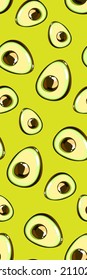 Simple avocado vector pattern on the yellow background. Cartoon style. Seamless patern. Extotic ripe fruit. Half slice of green avocado. Bright funny illustration. Eps 10.