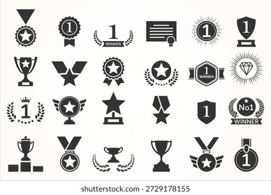 Icono de premio simple con corona de laurel en blanco y negro conjunto de diferentes coronas de laurel cintas e ilustración de trofeo. Plantillas de lujo para la presentación del producto del glamour, ceremonia del ganador