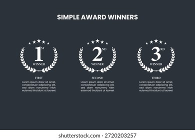 Simple award winners layout with first, second and third place laurel wreath badges, ideal for ranking, achievement, competition and success design