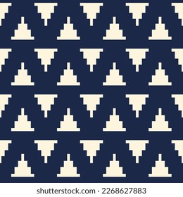 Simple aztec tribal triangle pattern. Vector aztec geometric small triangle shape seamless pattern pixel style on blue background. Ethnic geometric pattern use for fabric, home decoration elements.