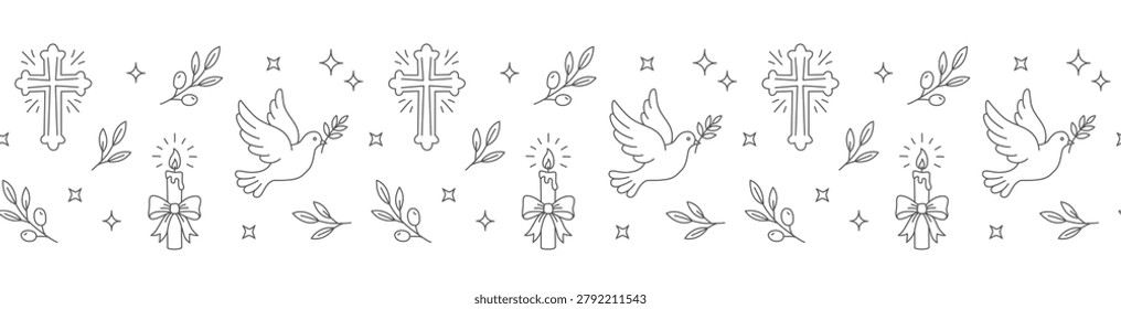 Simple Baby Baptism horizontal border with cross, dove, candle and olive. For christening cards, invitations, certificates and stationery dividers. Seamless strip.