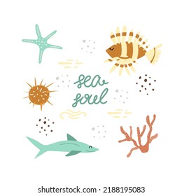 Simple baby cute print with sea creatures. Sweet boho elements and colors perfectly fits for posters, postcards and t-shirts.