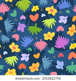 Patrón simple de niños pequeños sin costura. Flores, corazones