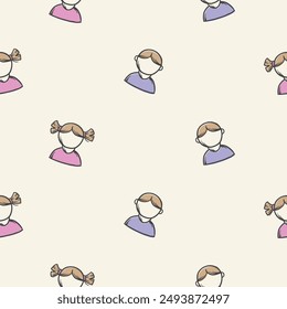 Simple baby seamless pattern with boy and girl icons. Endless background with pictograms of children. Color illustration for wrapping paper, banner, print, design