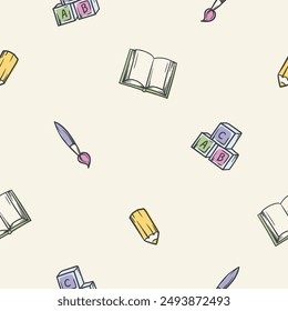 Motif simple bébé harmonieux avec icônes de jouets pour enfants et outils créatifs. Arrière-plan sans fin avec un crayon, une brosse, un livre et des pictogrammes de cubes. Illustration couleur pour papier d'emballage, bannière, impression