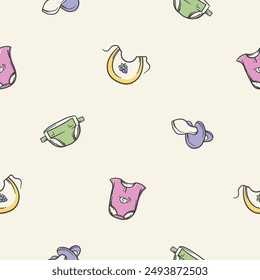 Simple baby seamless pattern with icons of things for children. Endless background with pictograms of diaper, pacifier, bodysuit, bib. Color illustration for wrapping paper, banner, print, design