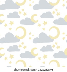 Simple baby seamless patterns with clouds, stars and moon. Cute vector illustration