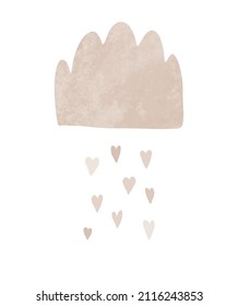 Simple Baby Shower Vector Illustration with Dusty Beige Fluffy Cloud and Rain fo Hearts isolated on a White Background. Funny Infantile Style Print ideal for Wall Art, Poster, Kids Room Decoration.