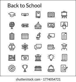 Simple Back to School Line Style Contain Such Icon as Education, Graduation, Student, Science, Atom, Trophy, Microscope, Teaching, Presentation, Brain, Math, Abacus, Books and more. 128 x 128 px 