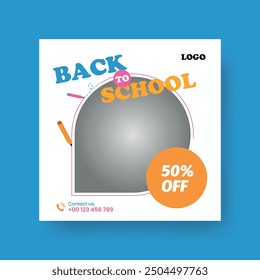 Simple Back to School Social Media Post. Diseño minimalista del poste del Web de bienvenida para la venta, promoción, Web, estudio, niños, comercialización, compras, etc.