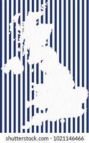 Simple backdrop with navy stripes and white silhouette of the UK