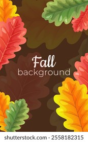 Simple background with acorn leaves. Acorn leaves are red, green, orange, yellow. Autumn leaves