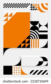 Sencillo fondo al estilo Bauhaus. Resumen de patrones geométricos en blanco, negro y naranja. Diseño de plantilla para afiches, banners, sitios web. Ilustración vectorial.