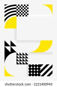 Simple background in Bauhaus style. Abstract geometric patterns in white, black and yellow. Template design for posters, banners, websites. Vector illustration.