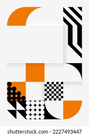 Simple background in Bauhaus style. Abstract geometric patterns in white, black and orange. Template design for posters, banners, websites. Vector illustration.