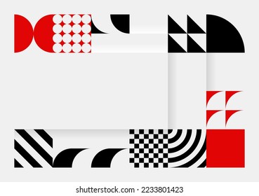Simple background in Bauhaus style. Abstract geometric patterns in white, black and red. Template design for posters, banners, websites. Vector illustration.