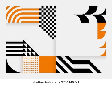Sencillo fondo al estilo Bauhaus. Resumen de patrones geométricos en blanco, negro y naranja. Diseño de plantilla para afiches, banners, sitios web. Ilustración vectorial.