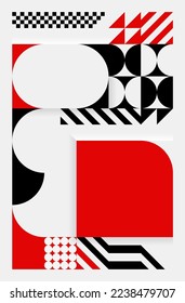 Simple background in Bauhaus style. Abstract geometric patterns in white, black and red. Template design for posters, banners, websites. Vector illustration.