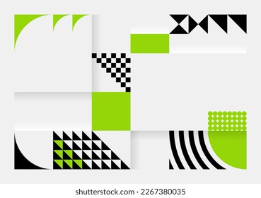 Einfache Hintergrundmusik im Bauhaus-Stil. Abstrakte geometrische Muster in Weiß, Schwarz und Grün. Vorlagendesign für Poster, Banner, Websites. Vektorgrafik.