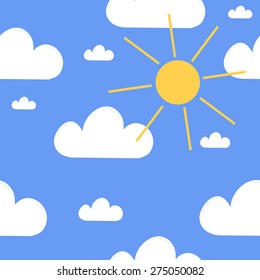 Simple background, blue sky with white clouds and yellow sun. Vector illustration