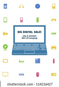 A simple background for a computer shop sale poster with colorful electronics icons, Vector image.