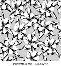 Simple background of contour flowers. Drawn light floral texture. Vintage ornamente for decoration of fabric, tile and paper and wallpaper on the wall.