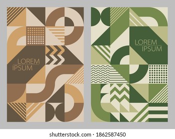 Einfache geometrische Hintergrundformen Linien, braun, grün. Universelles abstraktes, nahtloses Musterdesign im skandinavischen Stil für Cover, Druck, Poster, Web, Wallpaper, Fliesen. Vektorgrafik.