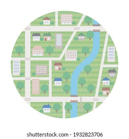 A simple background illustration of the cityscape in early summer. A circular map-like version.