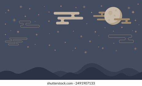 Simple background illustration of a starry sky, full moon, and mountain range