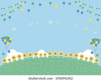 Eine einfache Hintergrundgrafik von Sonnenblumen auf einem Hügel. Es gibt Garland und Ballons.