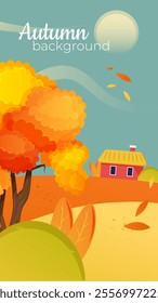 A simple background with a landscape of a village and fields, a tree in the foreground. Background design with bushes, sunny pogo and wind